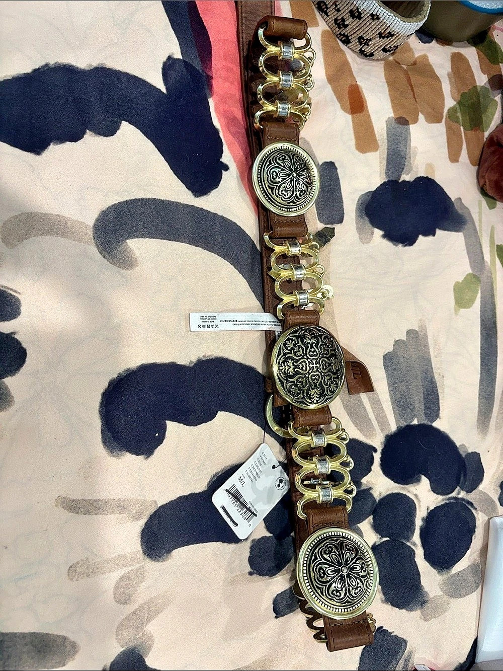 NWT Cognac Statement Concho Medallion Belt Gold Western Boho M/L